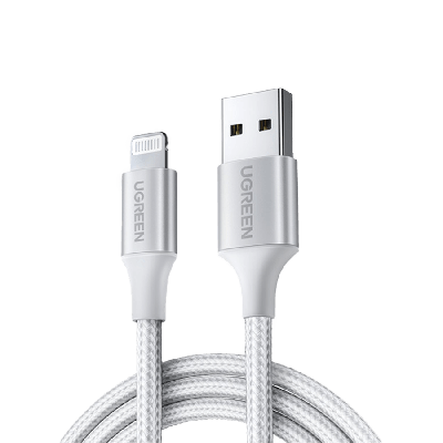 سلك شاحن يوجرين نايلون مظفر USB إلى آيفون بطول 1 م - فضي